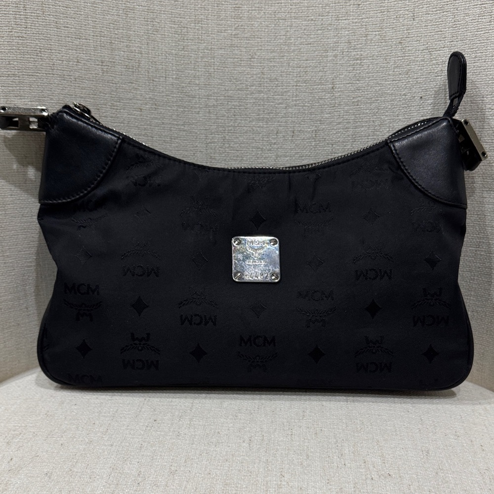 MCM Black Monogram Nylon Clutch with Silver Hardware
